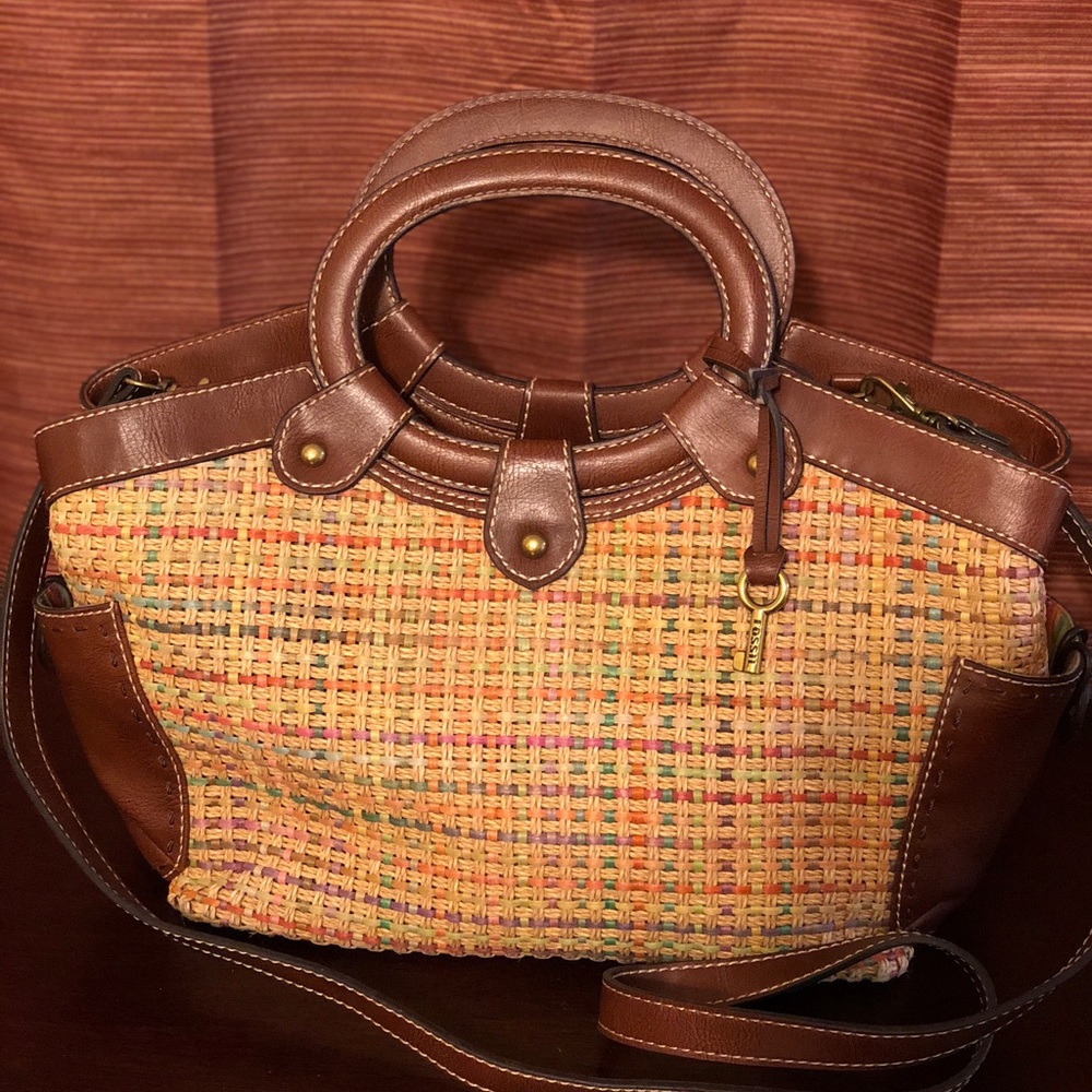 Fossil Stitched Straw Beach Purse Rainbow Brown
